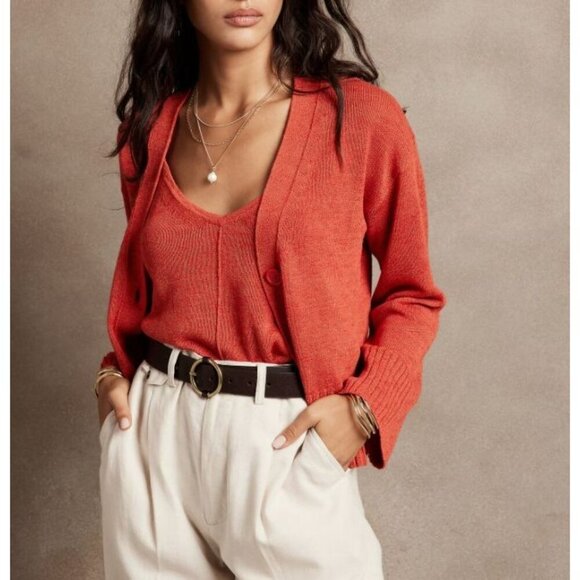 Banana Republic Ramie Rayon Cardigan Sweater Button-Front V-Neck Dune Red Size S - Picture 1 of 9